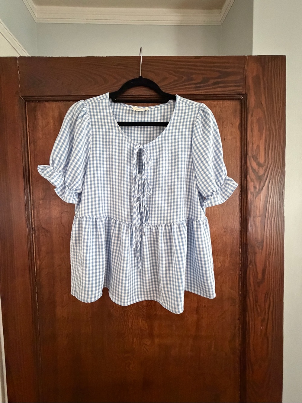 Light Blue Gingham Tie-Front Peplum Top